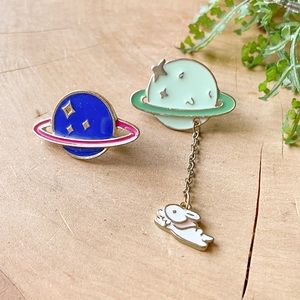 Set of 2 Enamel Pins - Blue Saturn Planet Bunny Rabbit Charm